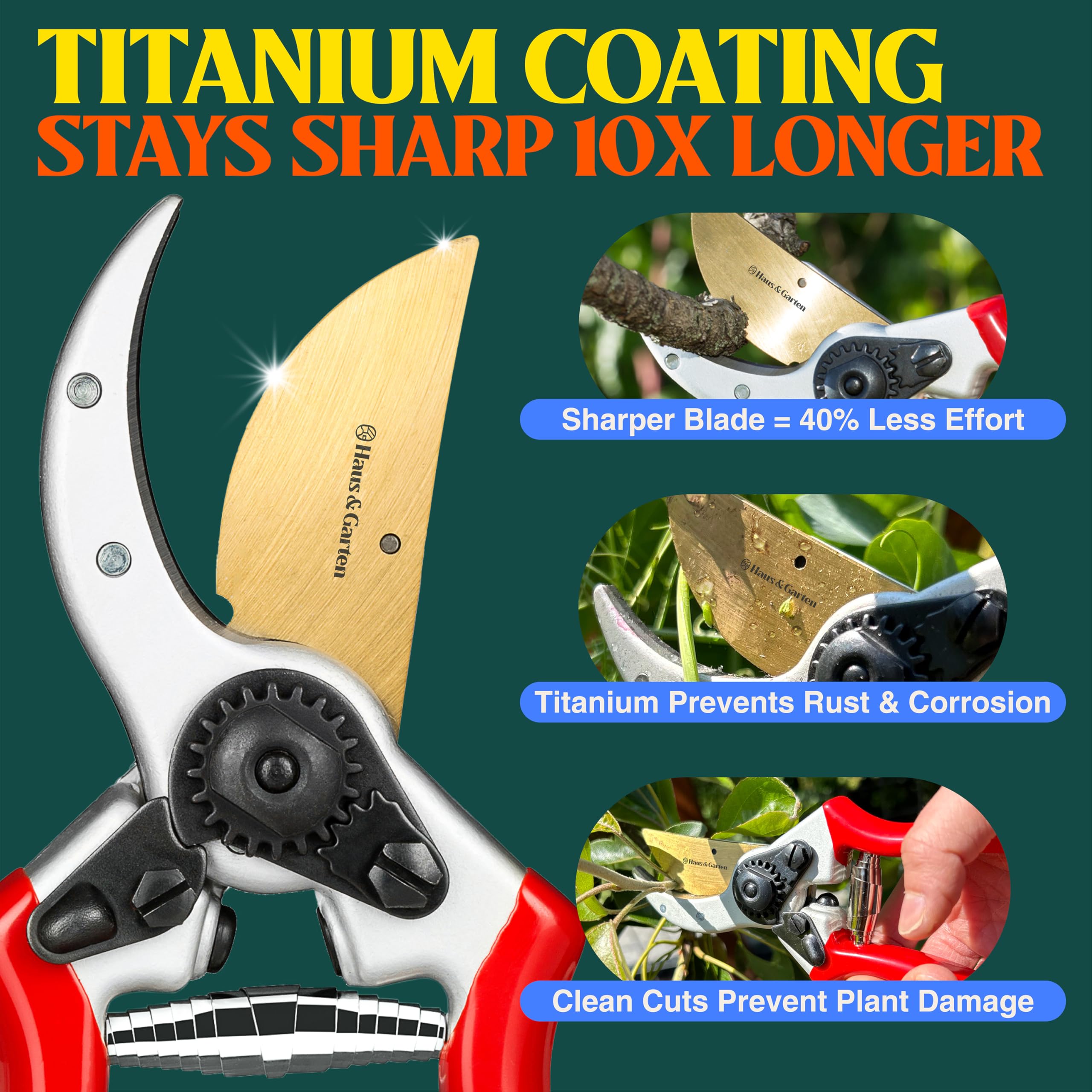 Haus & Garten closeup of titanium-coated blade for low friction and cleaner cuts