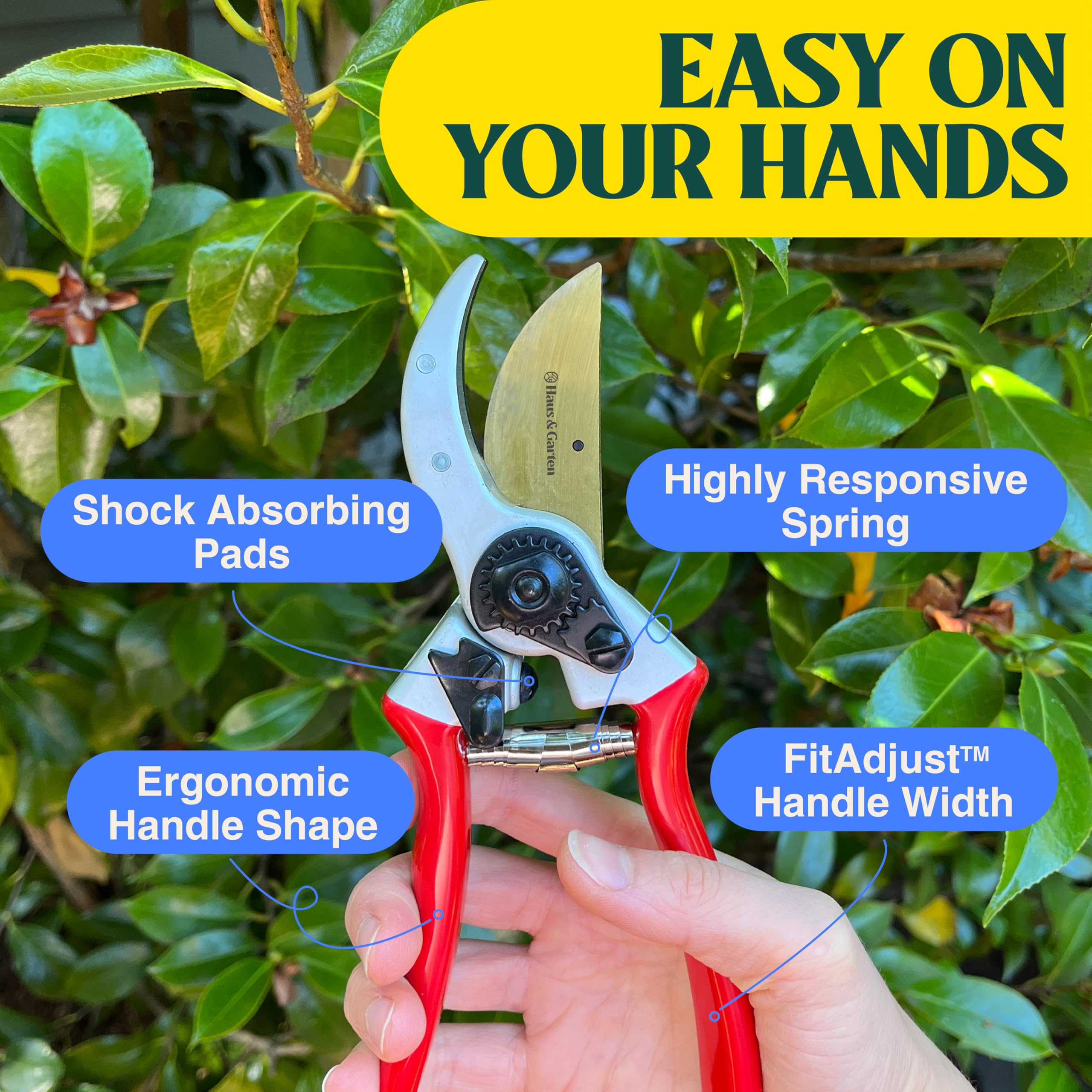 Haus & Garten shears cutting a rose stem demonstrating precise, clean pruning
