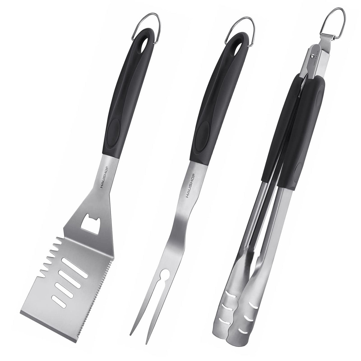 HAUSHOF front packaging showing full 3-piece grill set and durable finish