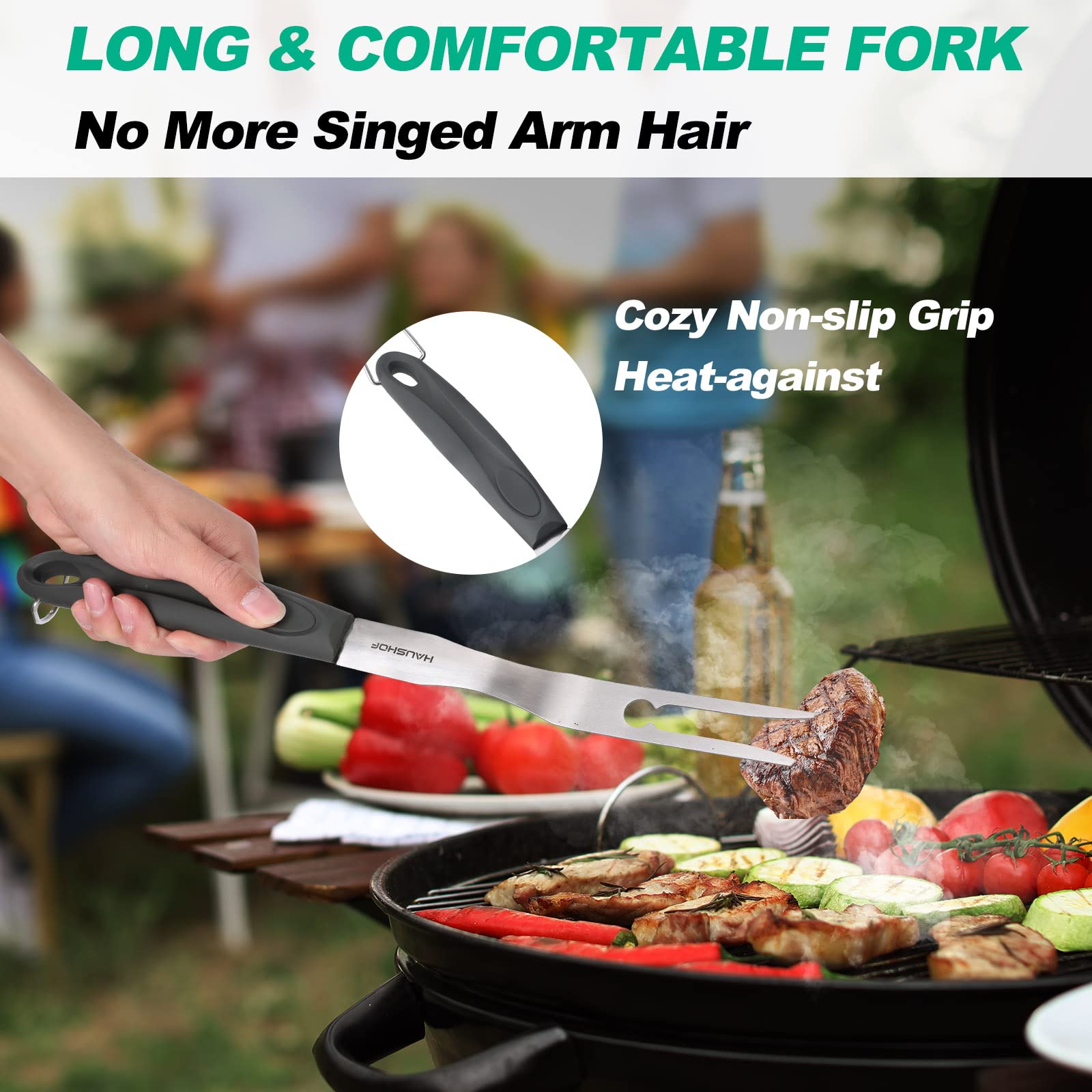 HAUSHOF tools on charcoal grill showing usability and heat clearance