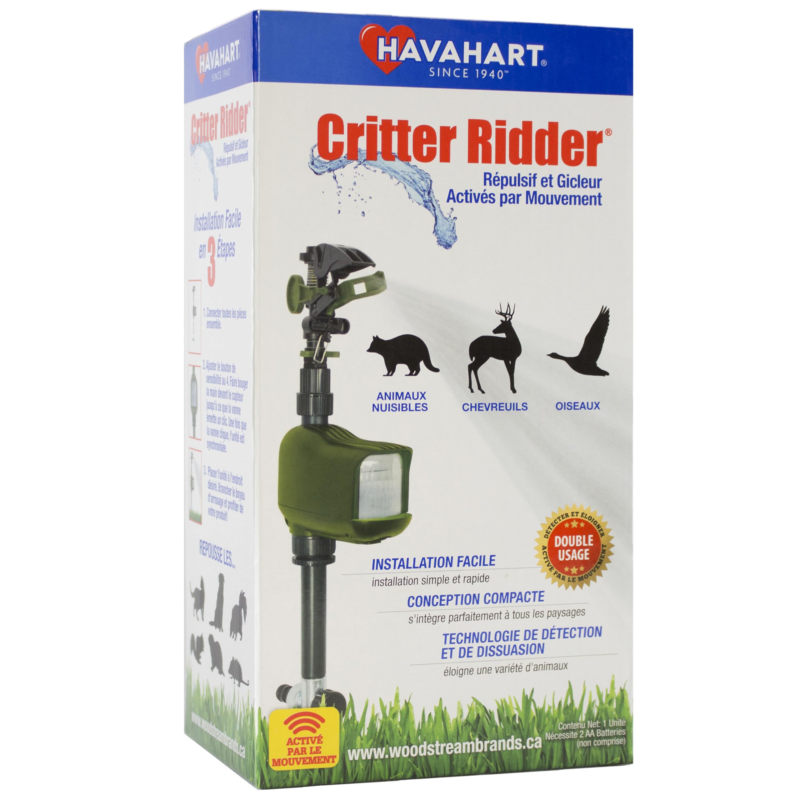 HAVAHART front view showing compact repellent unit and stake for easy placement and yard protection