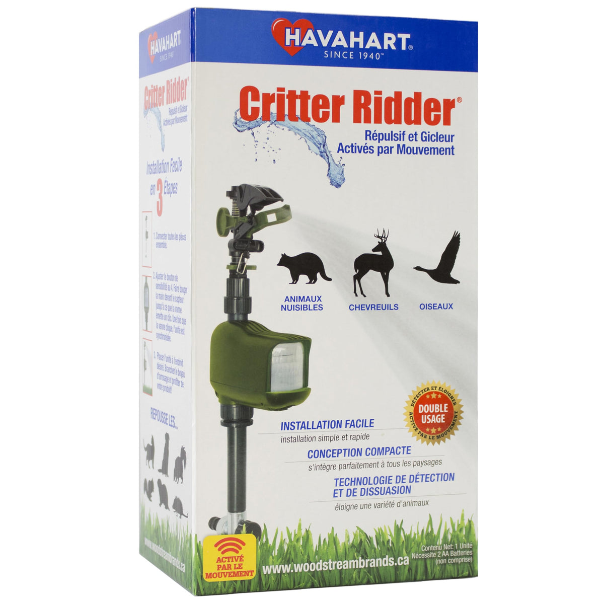 HAVAHART front view showing compact repellent unit and stake for easy placement and yard protection