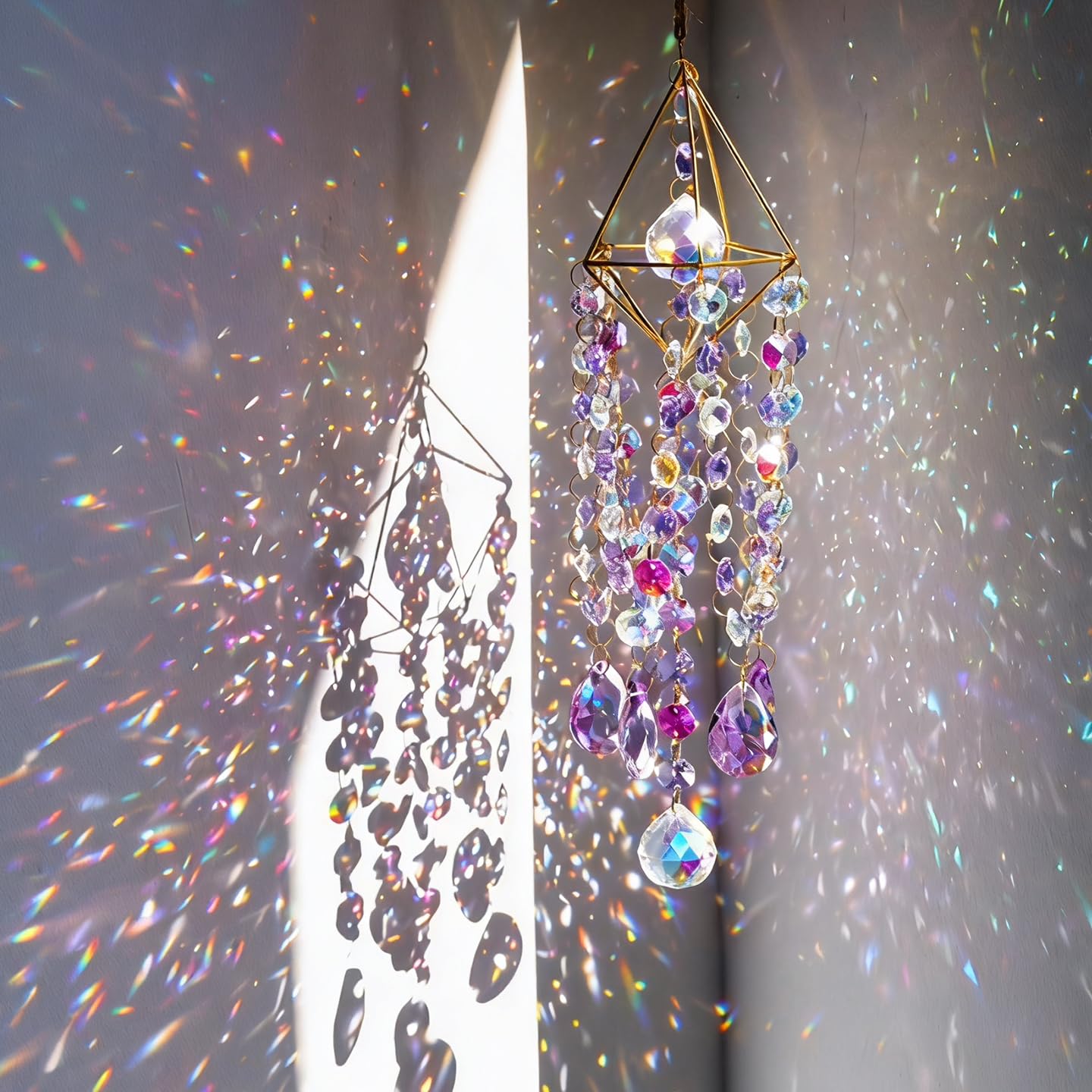 HDCRYSTALGIFTS front view of hanging prism catching sunlight and sparkles