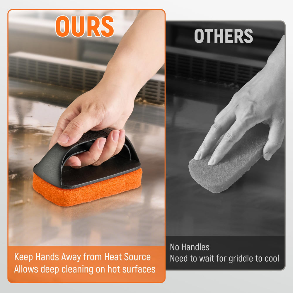 HE-SANQI pads scrubbing a Blackstone griddle delivering fast grease removal