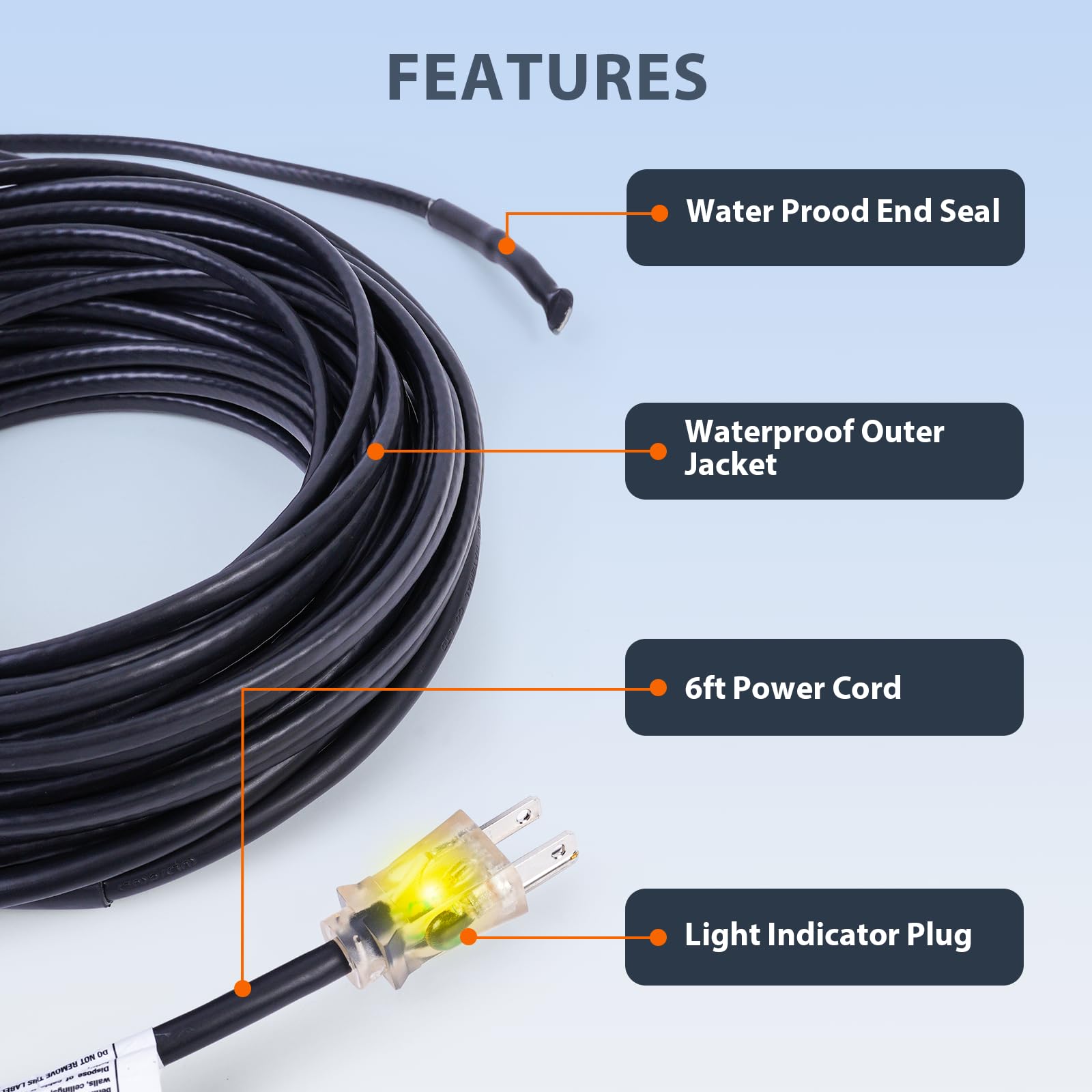 HEATIT cable beside a ruler showing 240-foot length for large roof coverage