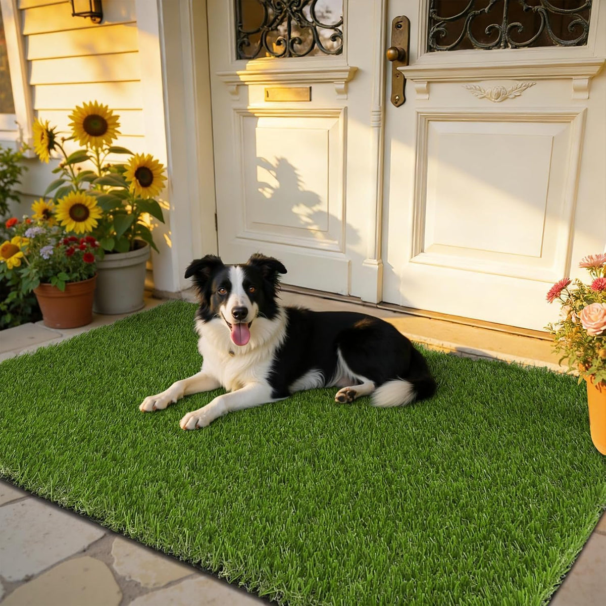 HEBE RUGS front view showing realistic lawn look and instant greenery