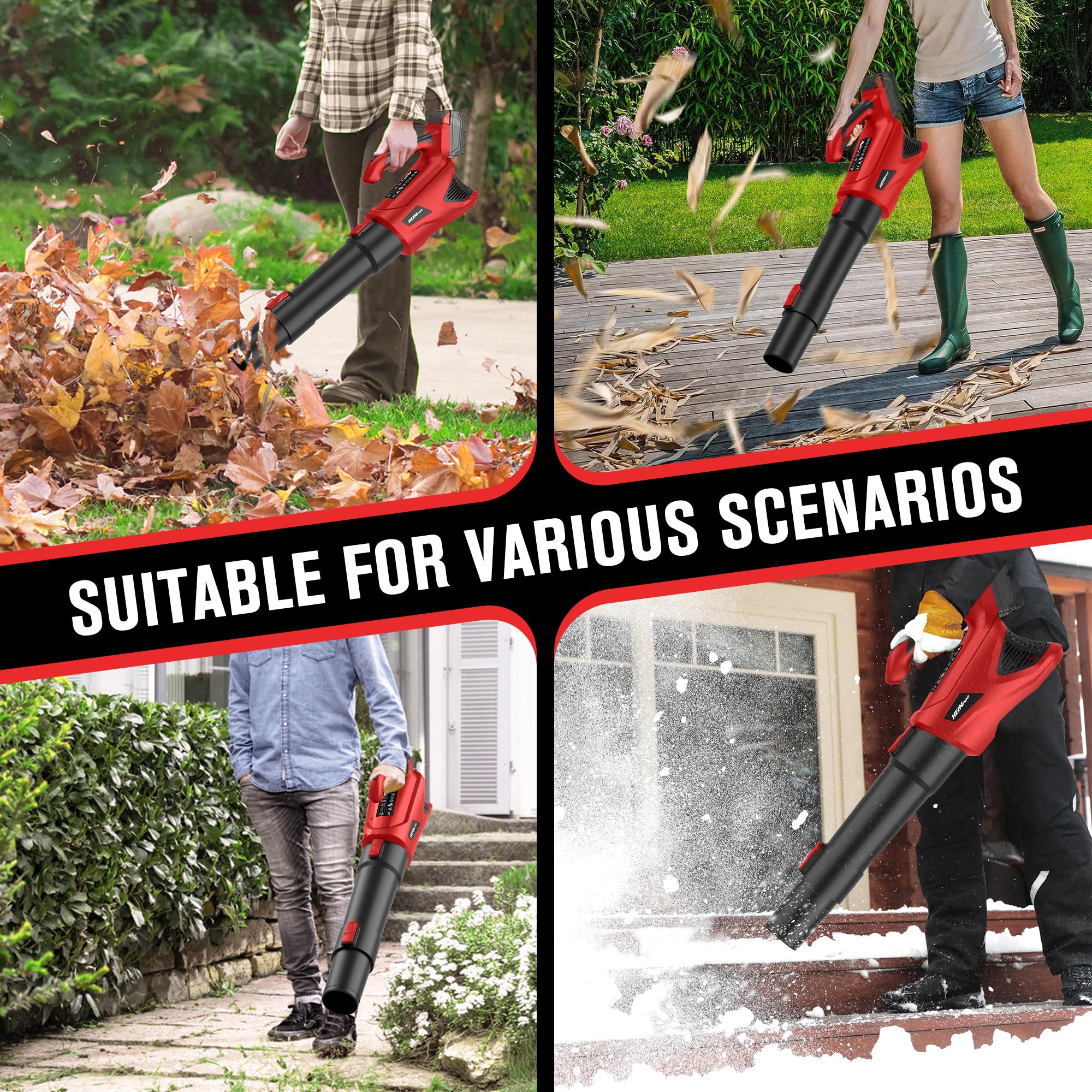 HEINPRO in use blowing leaves from a driveway for fast outdoor cleanup