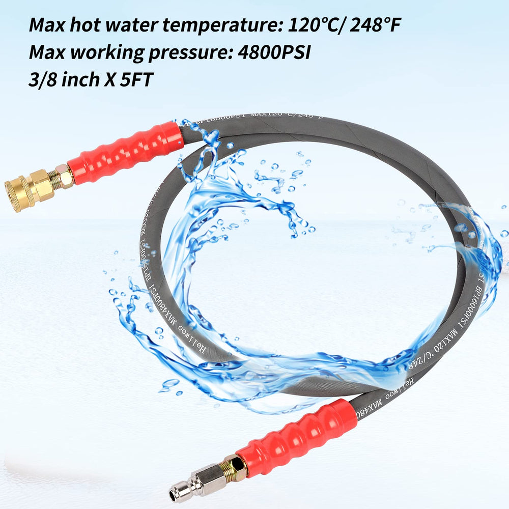 Heliwoo whip hose in carwash bay showing hot-water cleaning capability