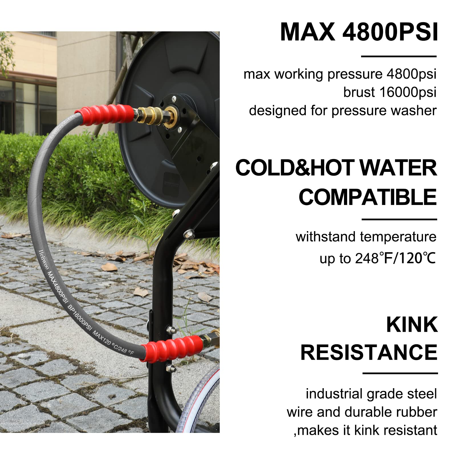 Heliwoo steel-braided close-up highlighting durability and burst resistance