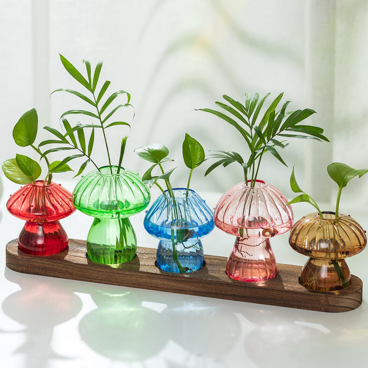 Hewory front view of five colored mushroom vases showing playful design and balance