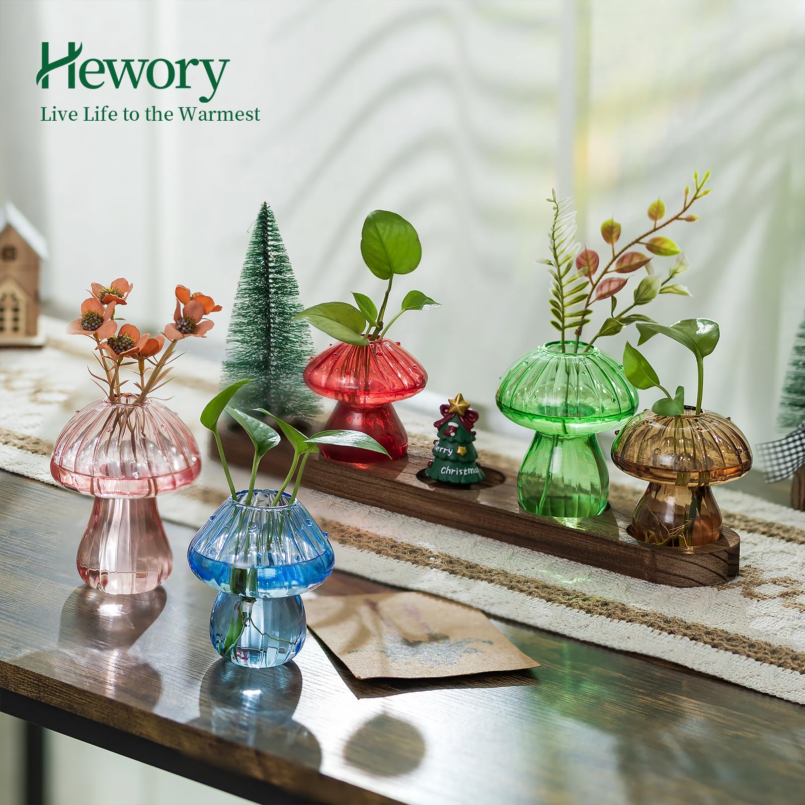 Hewory five mushroom vases seated on wooden tray offering stable coordinated display