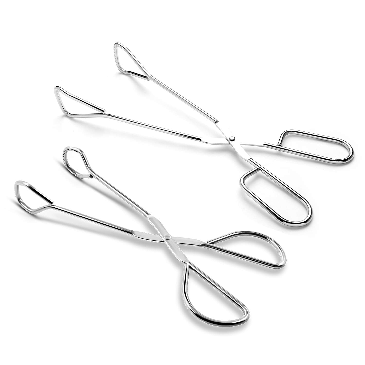 Hiash front view of both 9 and 11 inch stainless steel tongs showing solid construction and finish for durability
