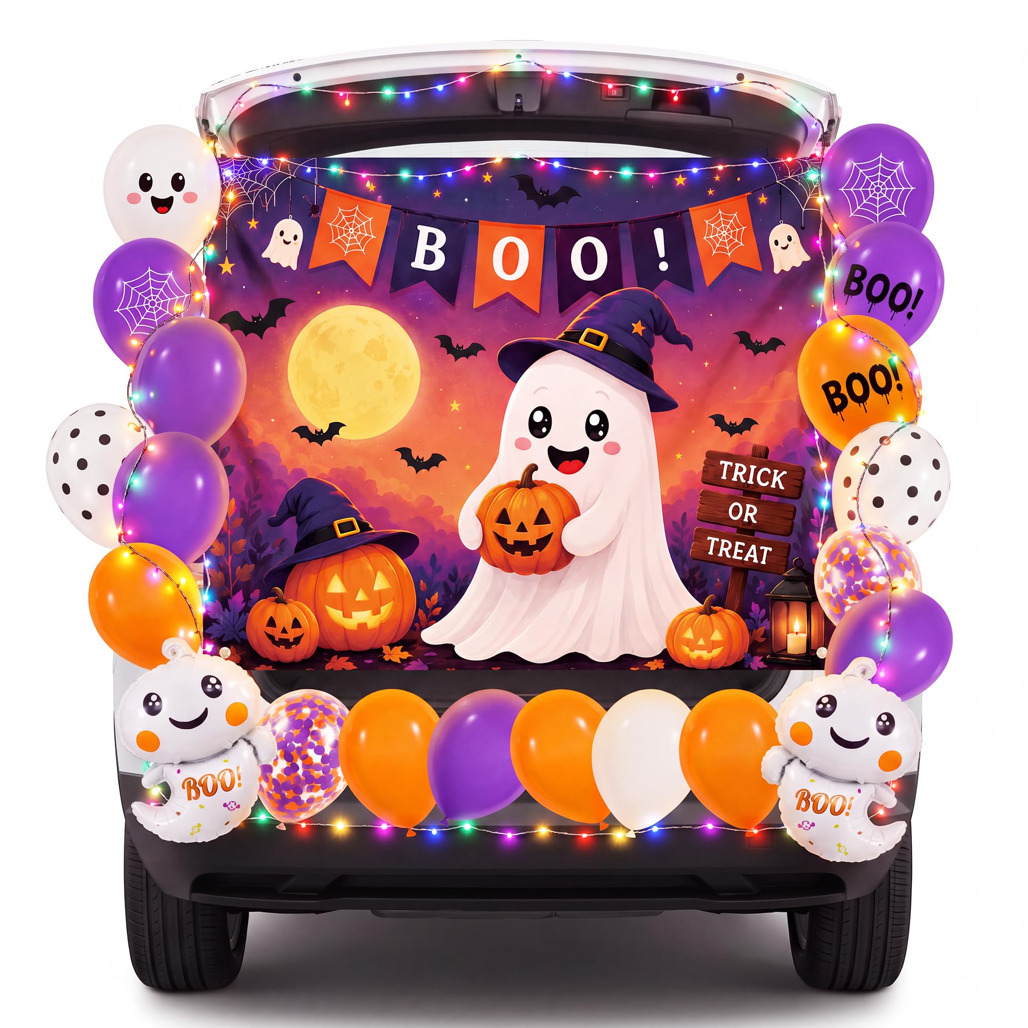 Hiboom front packaging showing ghost backdrop, clear kit contents and easy setup benefit
