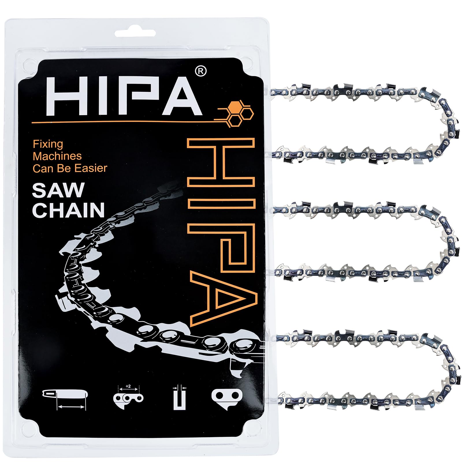 Hipa front packaging showing three 18" chains and quick install benefit