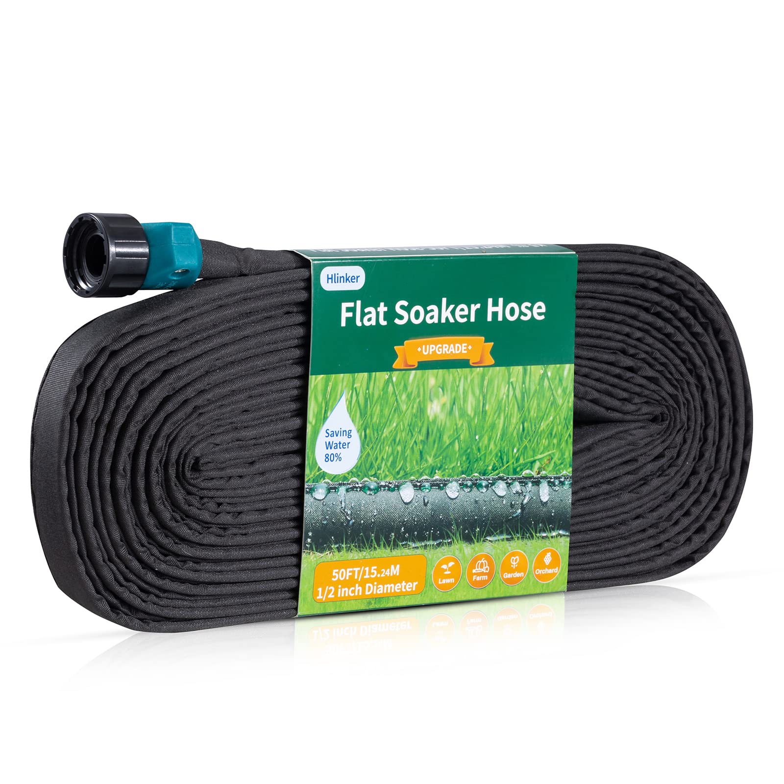 Hlinker soaker hose front view showing full 50 ft length and flat profile benefit