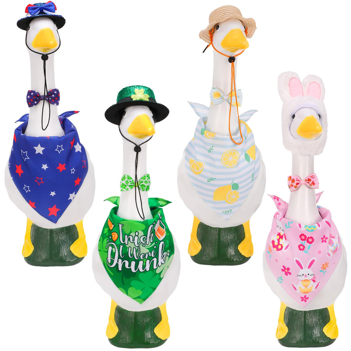 Hoemwarm front packaging showing all four holiday goose outfit sets and contents