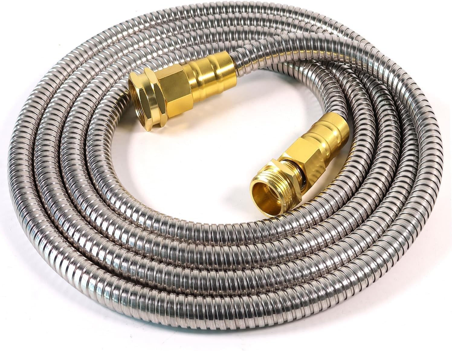 Holldoor front view of 15 ft metal hose showing compact packaging and durability