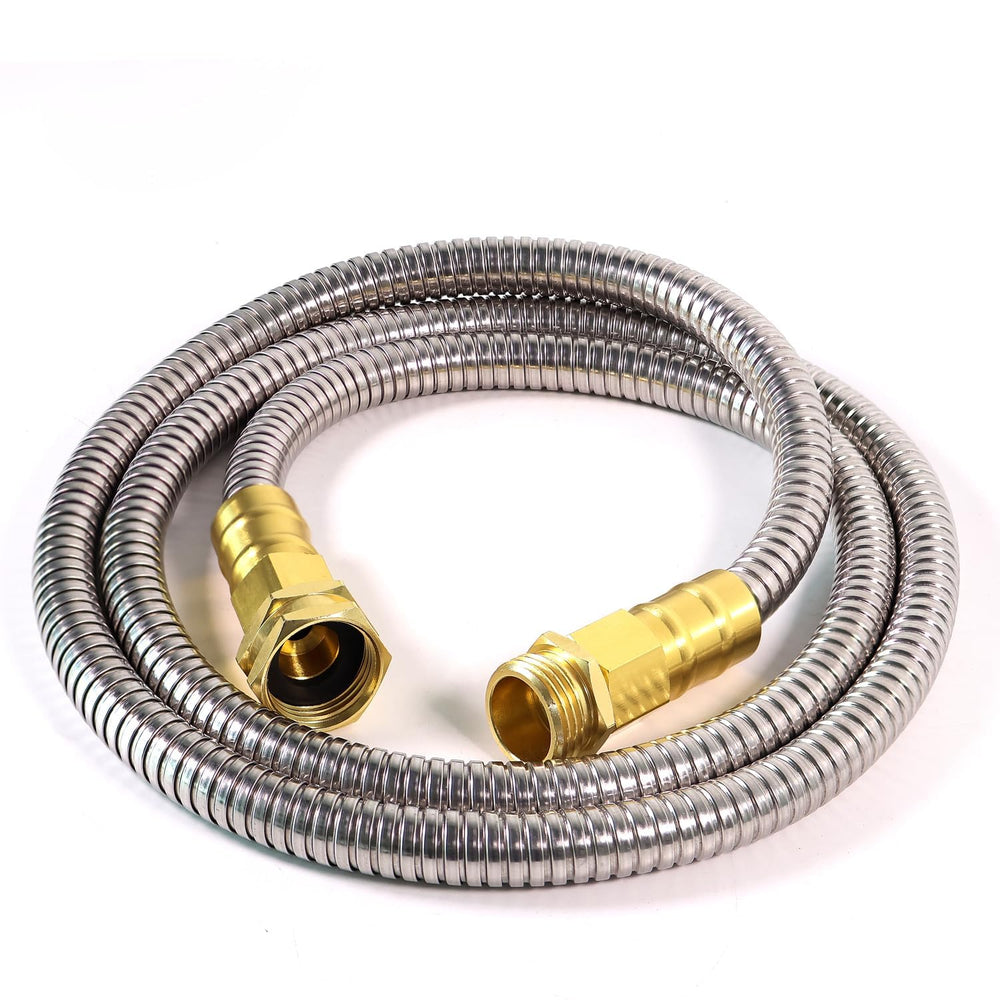 Holldoor front view of 6 ft metal hose showing compact durability