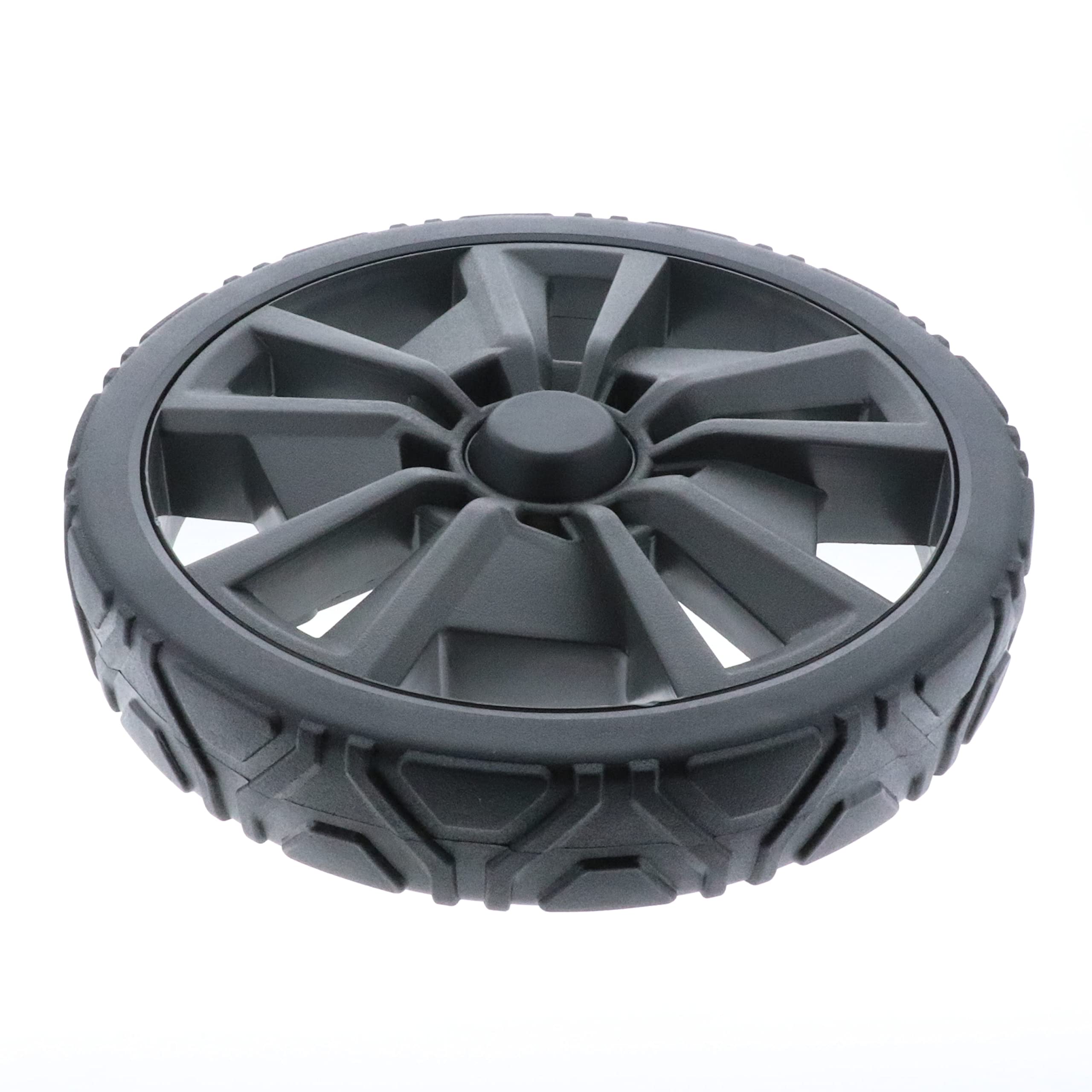 Homelite front view of 10-inch wheel assembly improving mower stability