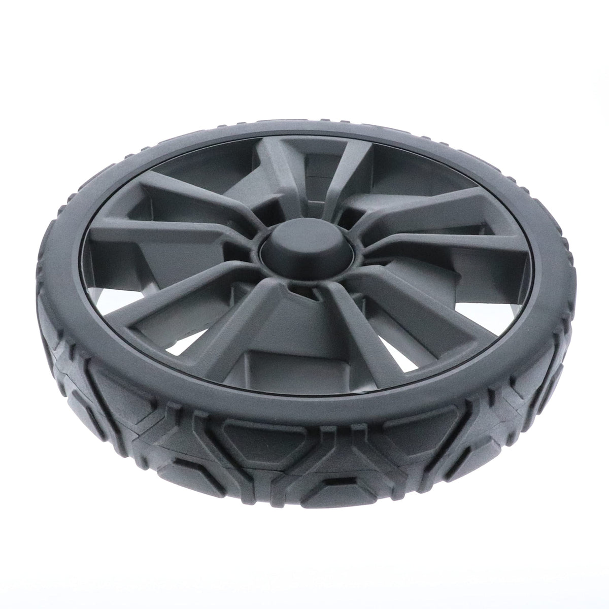 Homelite front view of 10-inch wheel assembly improving mower stability