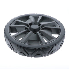 Homelite front view of 10-inch wheel assembly improving mower stability