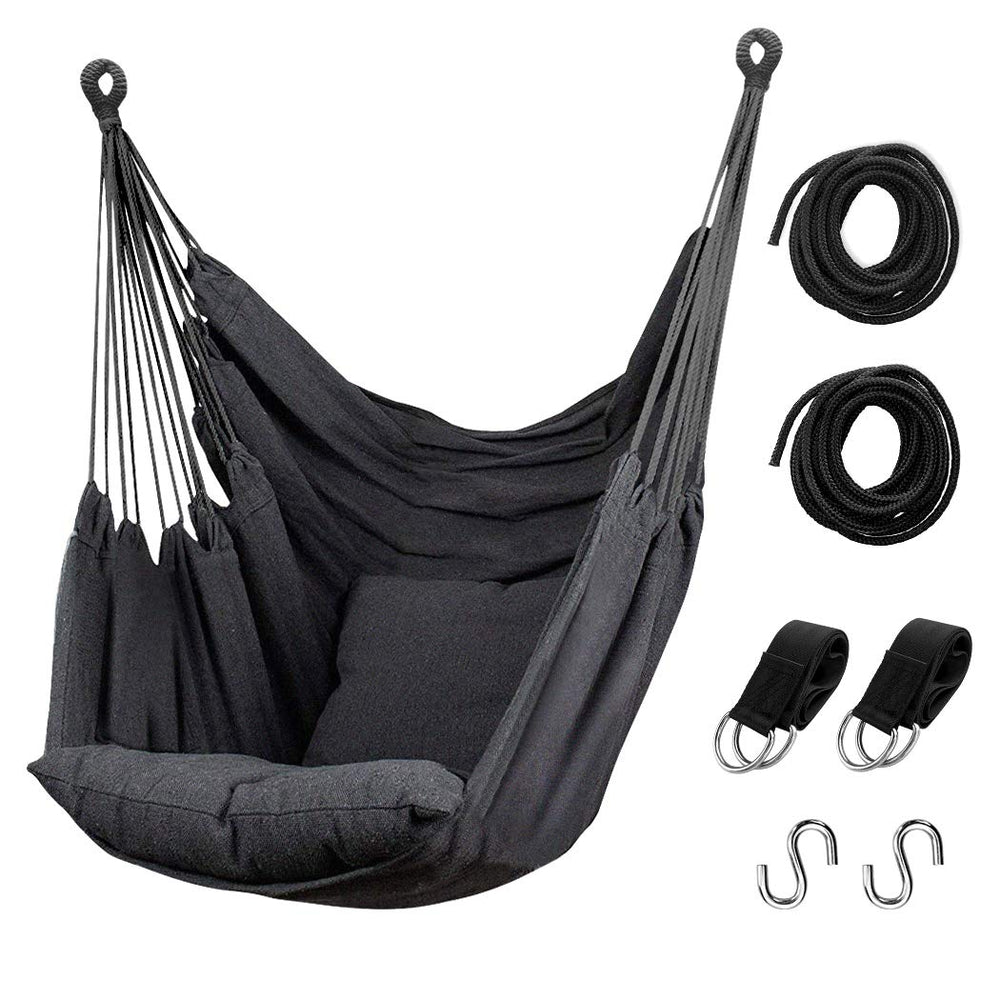 Hommtina front view dark gray hammock chair showing inviting seat and boho style