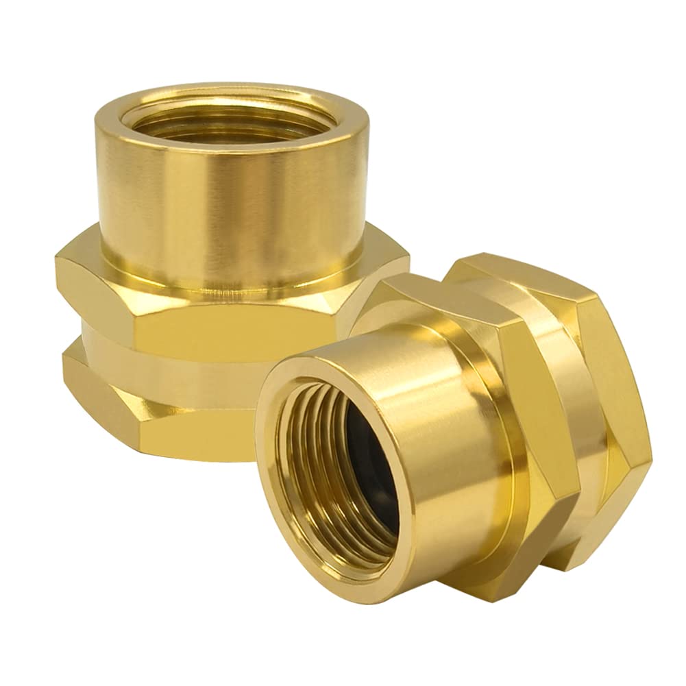 Hooshing adapter front view showing brass finish and dual thread ends, durable connection
