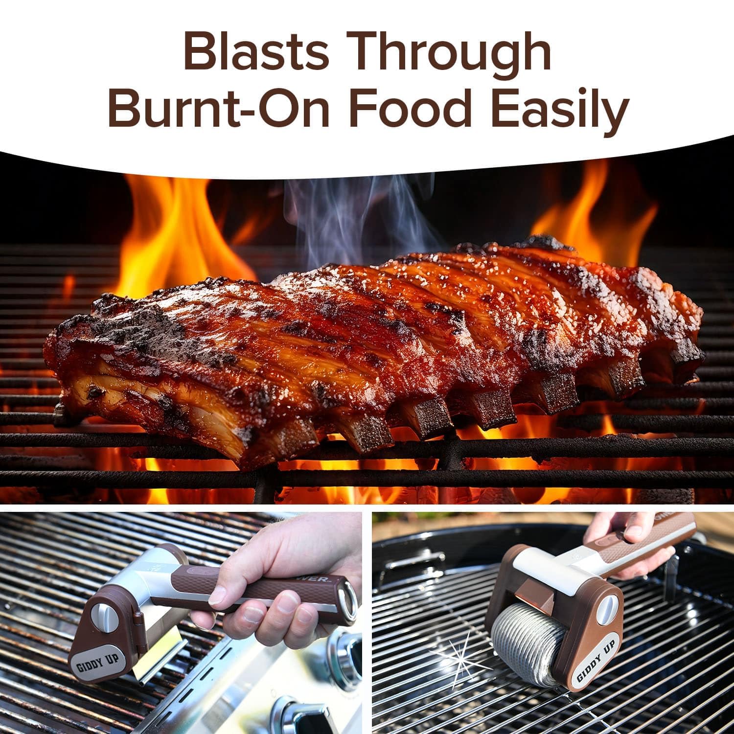Horsepower brush on grill grates removing burnt-on residue for cleaner cooking surface