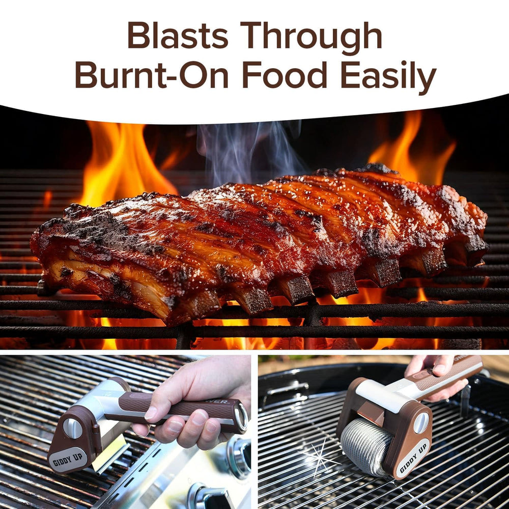 Horsepower brush on grill grates removing burnt-on residue for cleaner cooking surface
