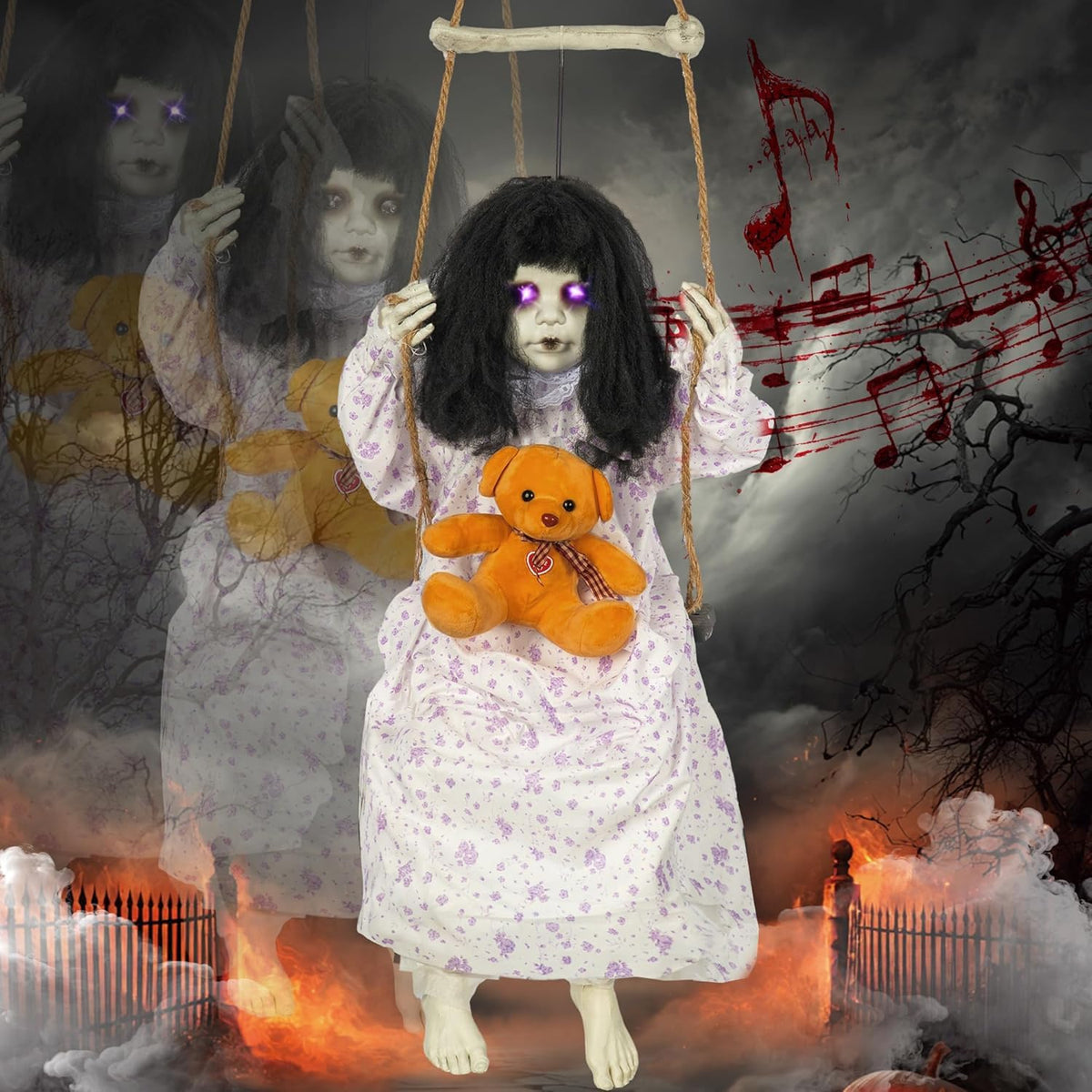 Hourleey front view of hanging girl showing full outfit and swing for instant atmosphere