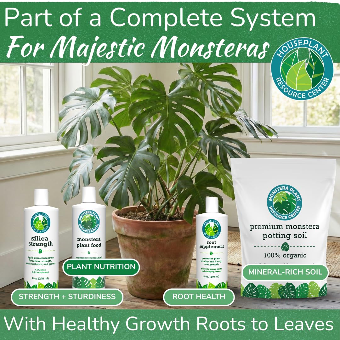 HOUSEPLANT RESOURCE CENTER bottle beside a healthy Monstera demonstrating results