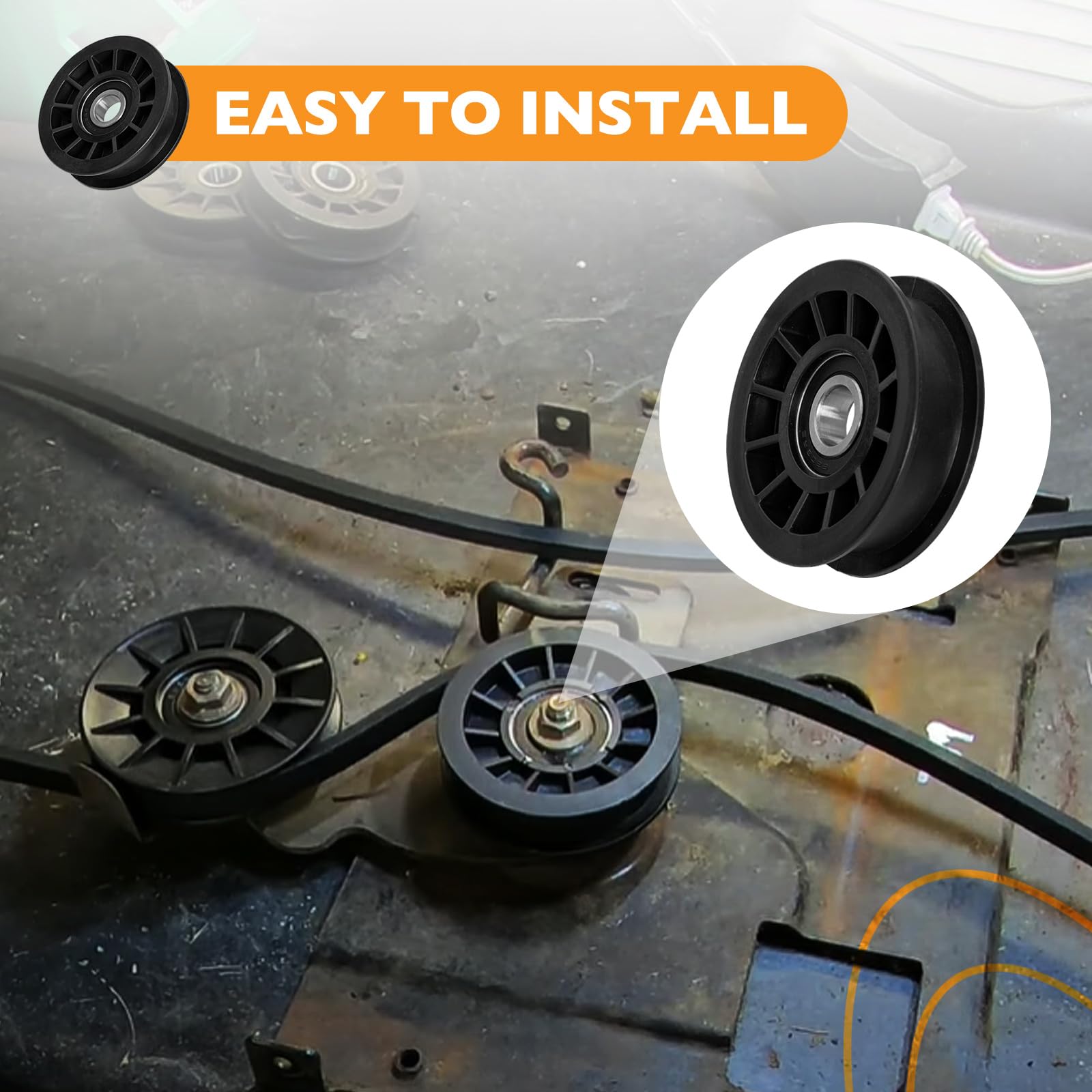 HQPASFY flat idler pulley on lawn tractor illustrating improved deck performance