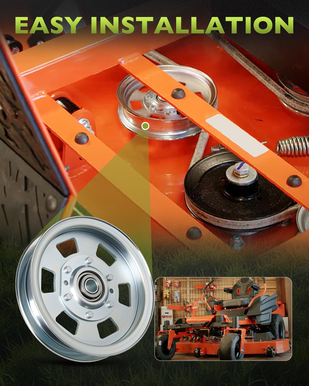 HQPASFY pulley installed on mower deck showing restored belt routing benefit