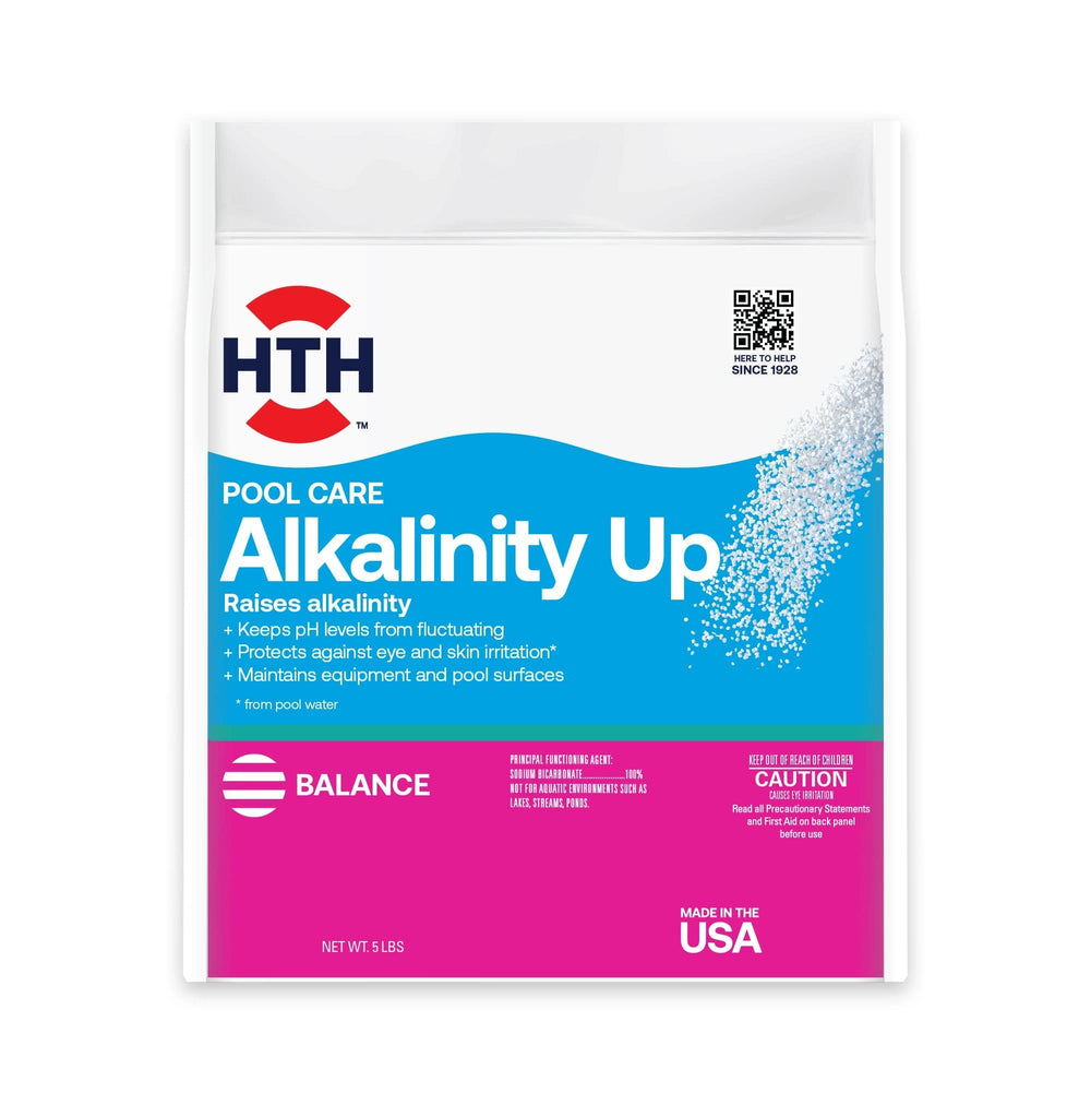 HTH product front label showing 5 lb container and clear directions for dosing benefits pool health