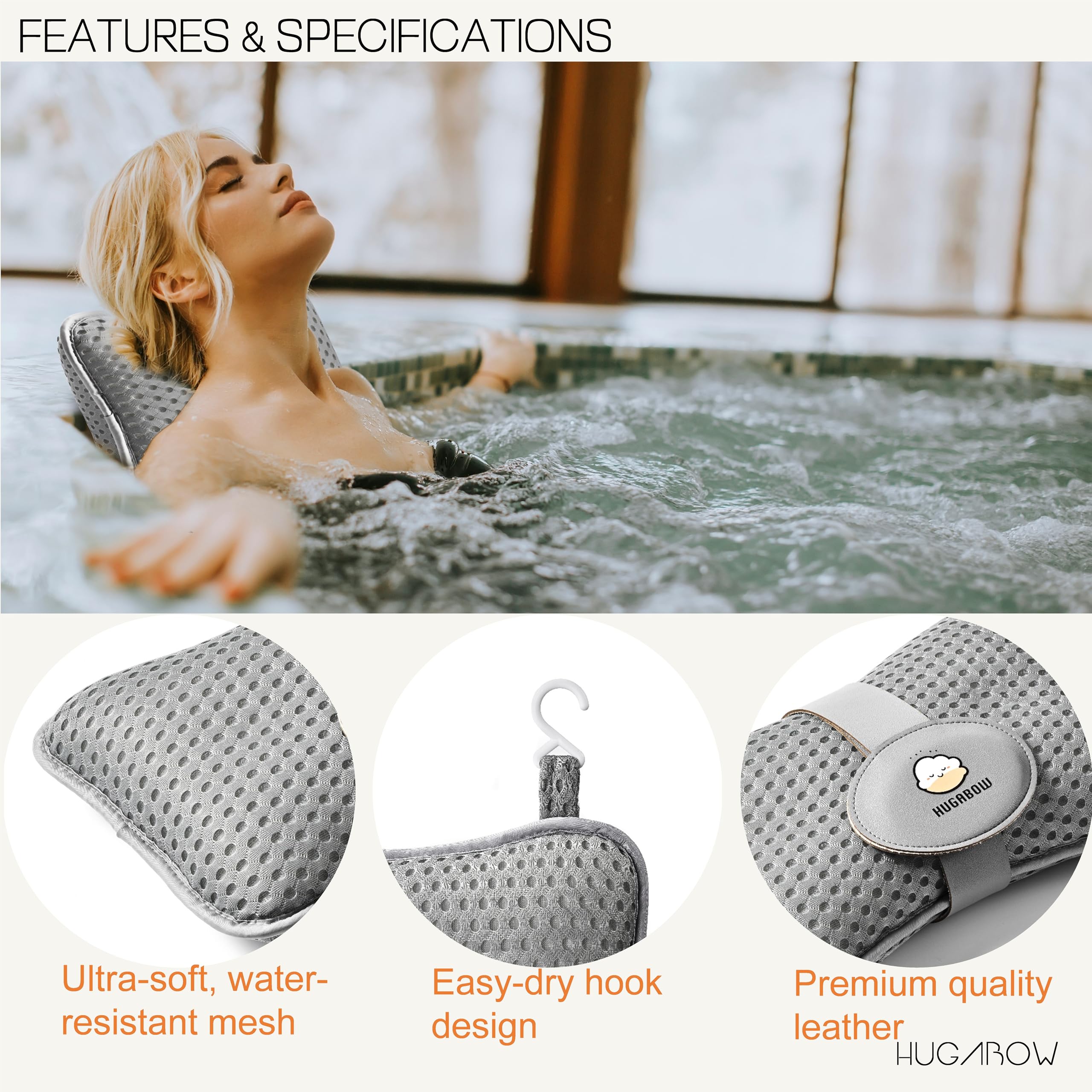Hugabow pillow attached to hot tub edge for secure head support