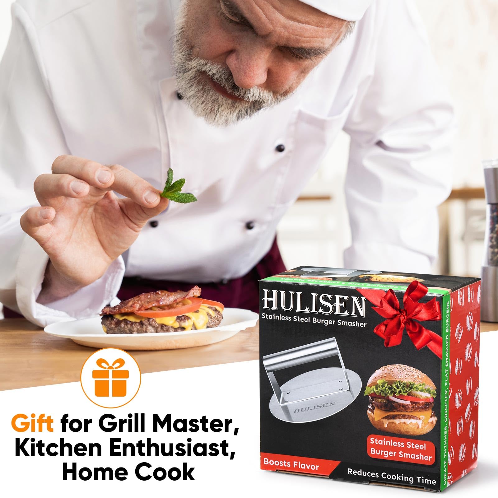 HULISEN pressing burger with bacon and panini showing versatility for multiple foods