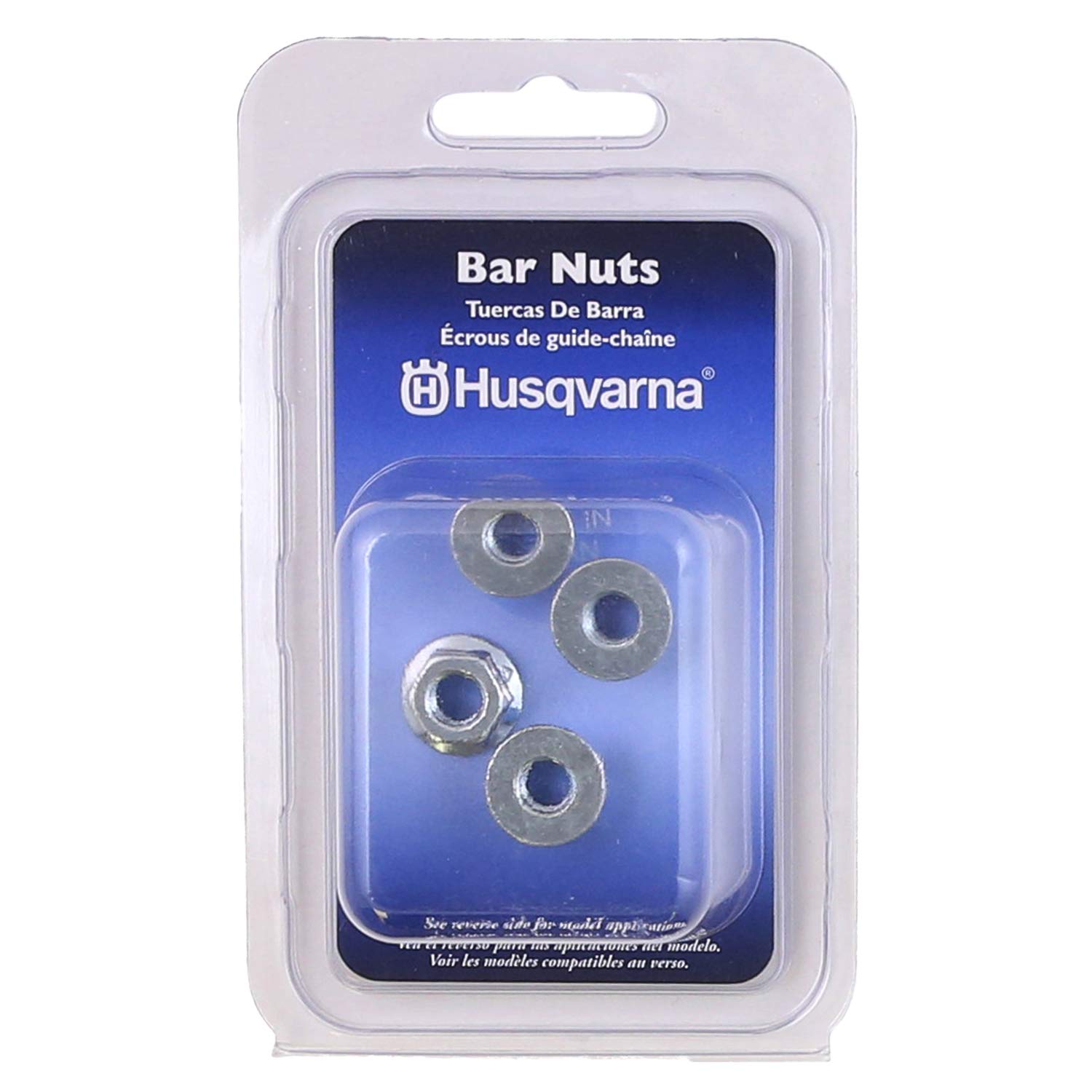 Husqvarna front packaging showing four bar nuts for easy storage and quick replacement