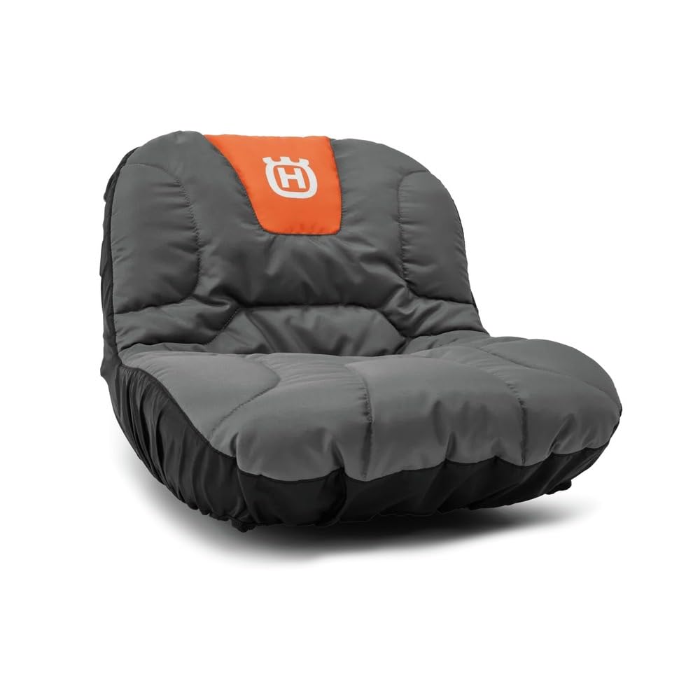 Husqvarna front view of seat cover showing fit and Hi‑Vis accents for added safety
