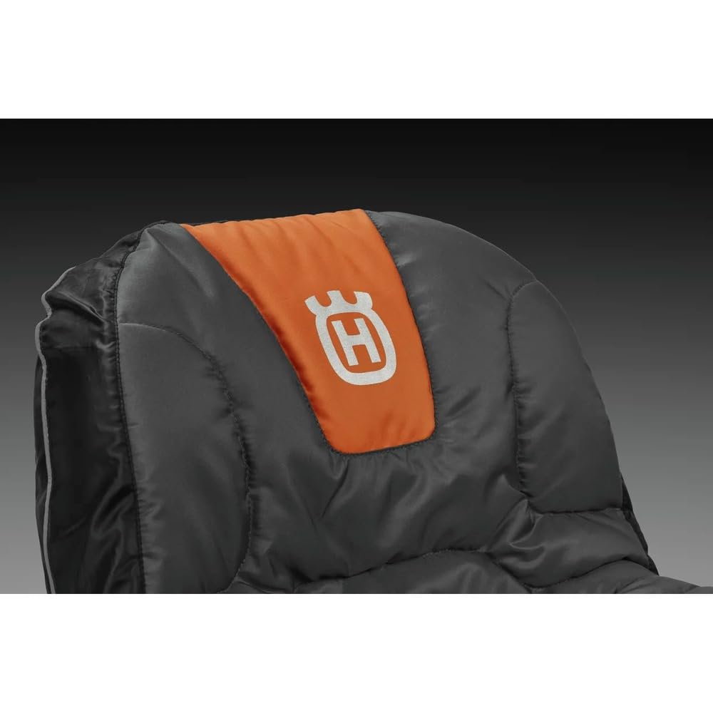 Husqvarna installed seat cover on riding mower showing weather protection benefit