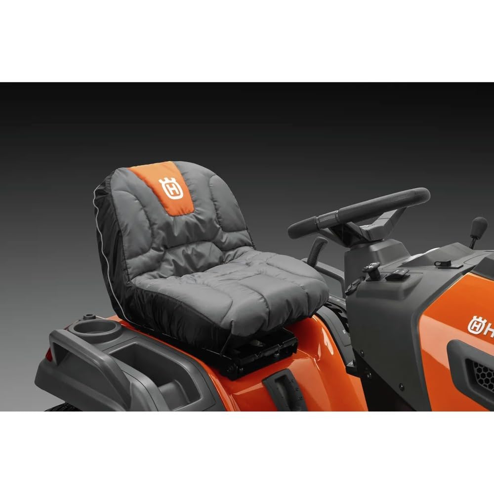 Husqvarna rear storage pockets holding tools for convenient on‑tractor access