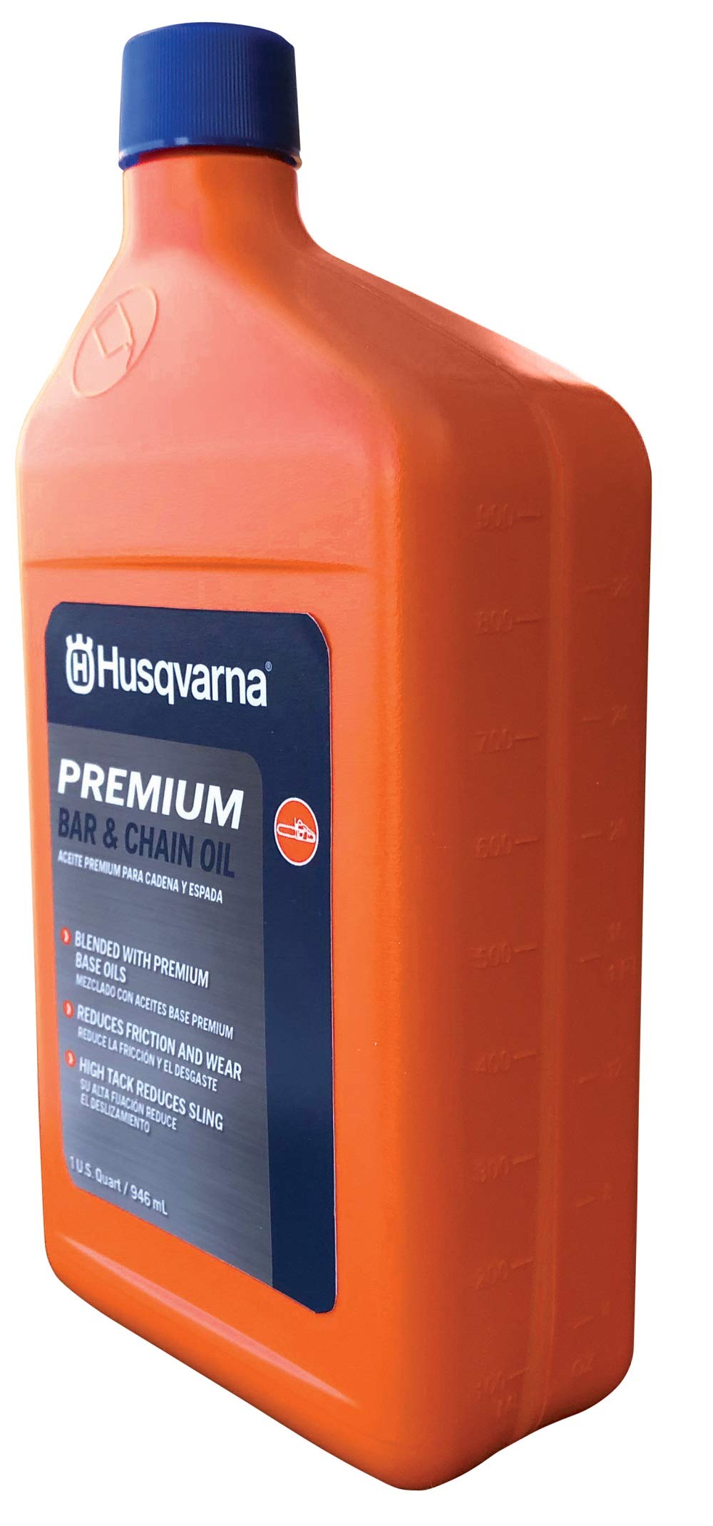 Husqvarna X-Guard quart bottle next to a tape measure showing compact size
