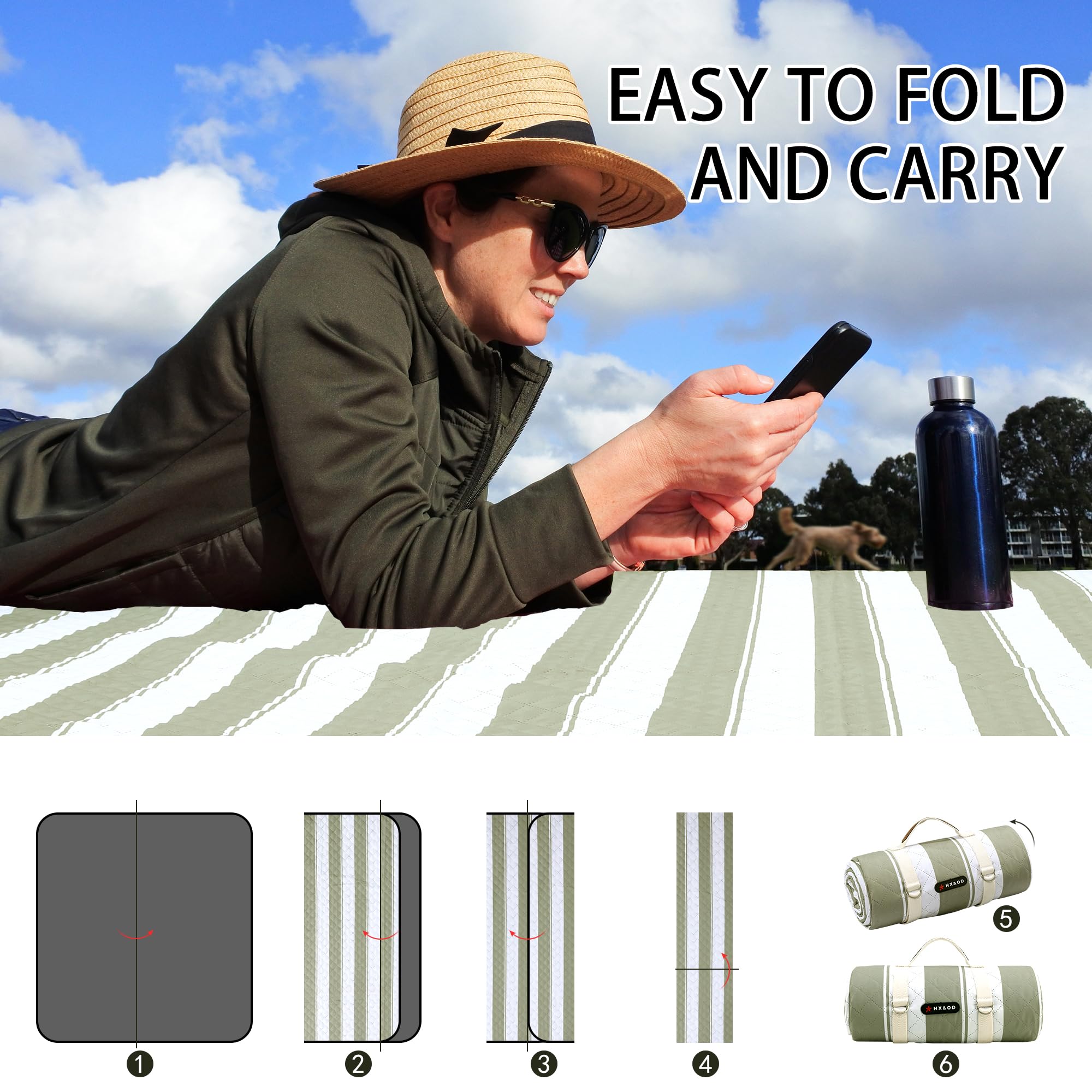 HX&OD folded blanket beside backpack showing compact size