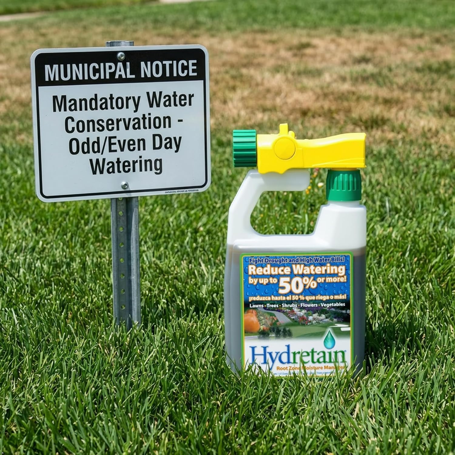 Applying Hydretain across turf with sprayer to reduce watering frequency