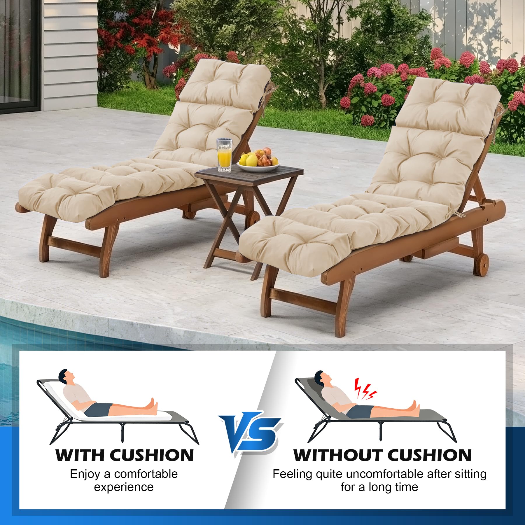 IASEAHK chaise cushion on poolside lounger showing relaxed outdoor comfort and style