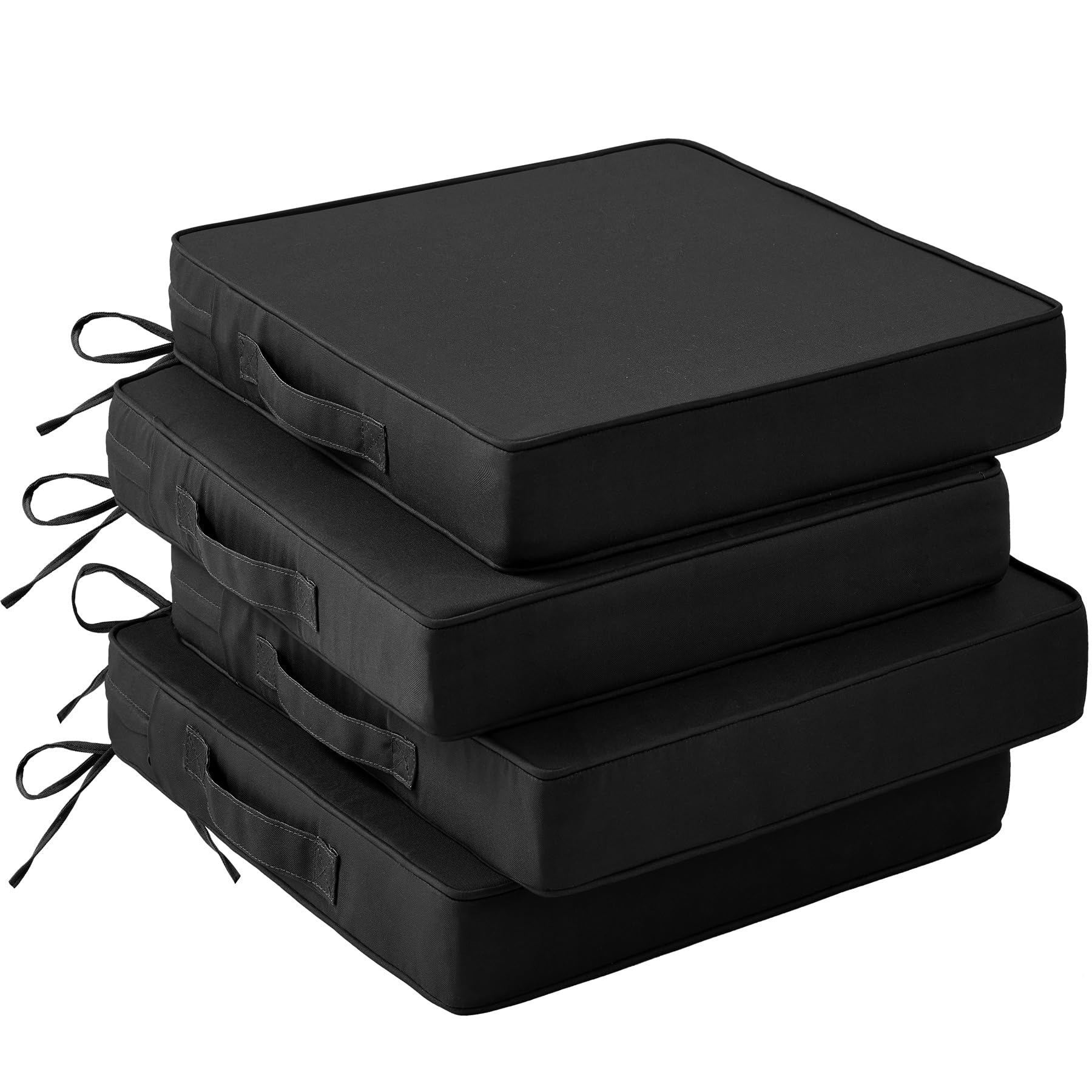IASEAHK front view of four black patio cushions showing neat corners and styling benefit comfort