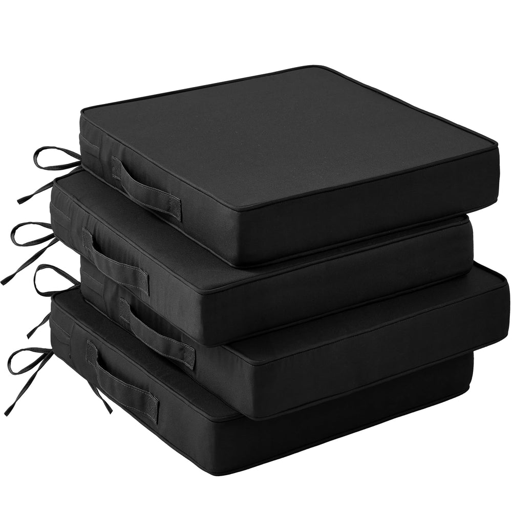 IASEAHK front view of four black patio cushions showing neat corners and styling benefit comfort