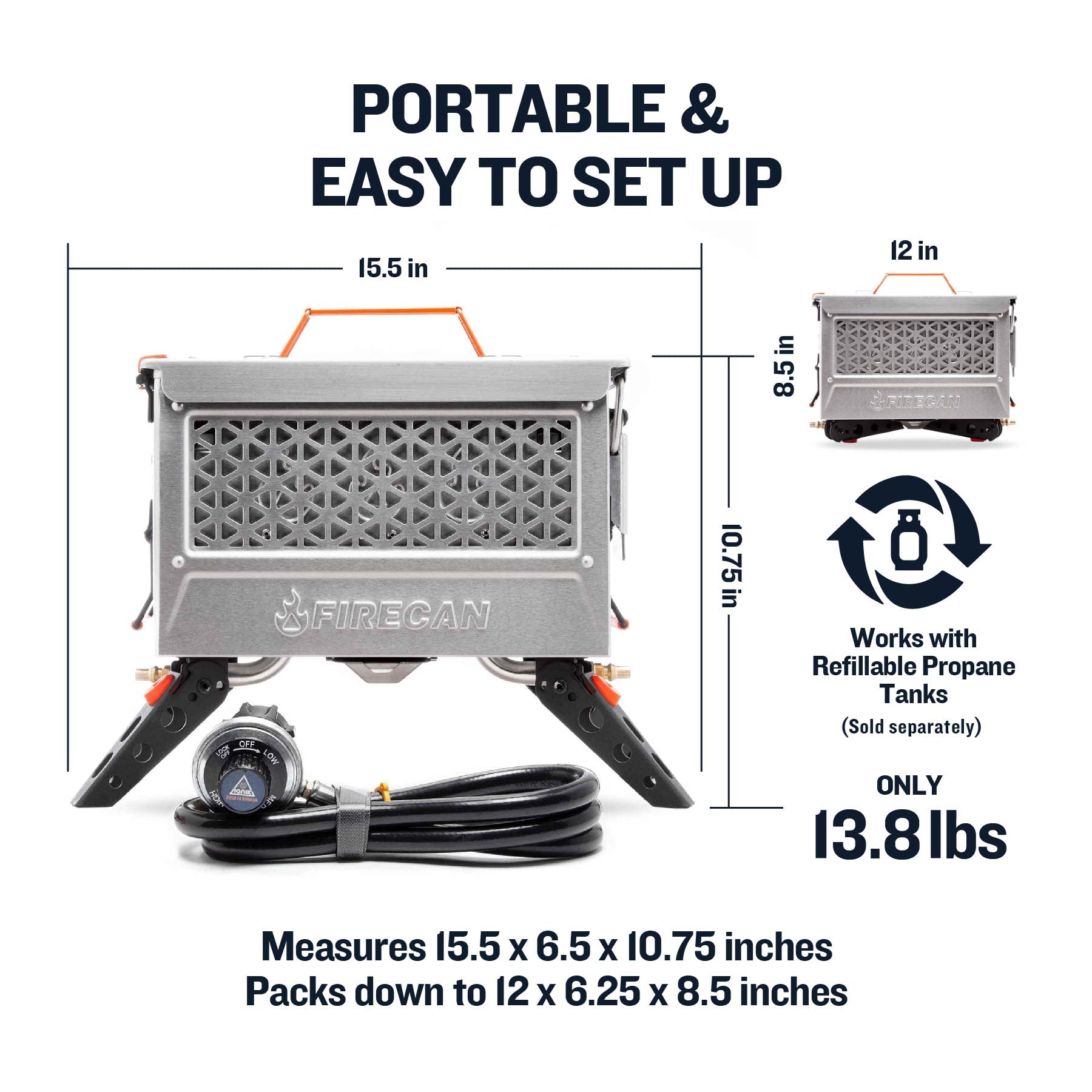 Ignik FireCan Deluxe grill detail with external grease tray for easier cleanup