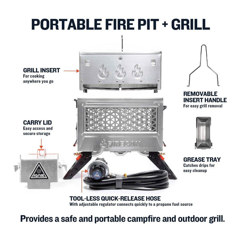Ignik FireCan Deluxe open with grill insert in place for easy cooking outdoors
