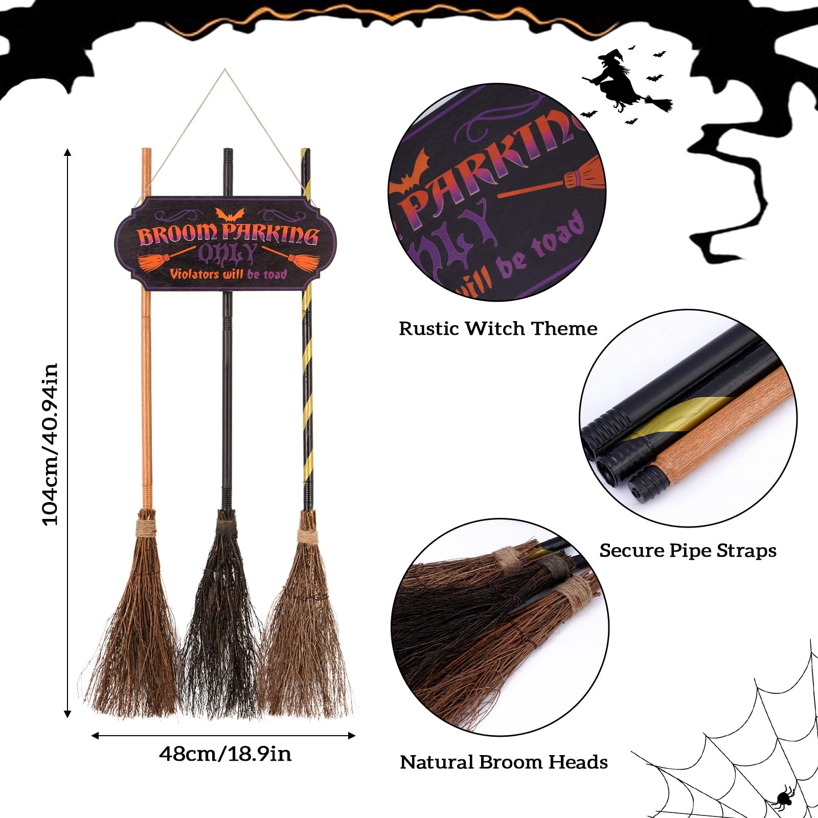 Iheqard three brooms grouped beside sign creating cohesive display