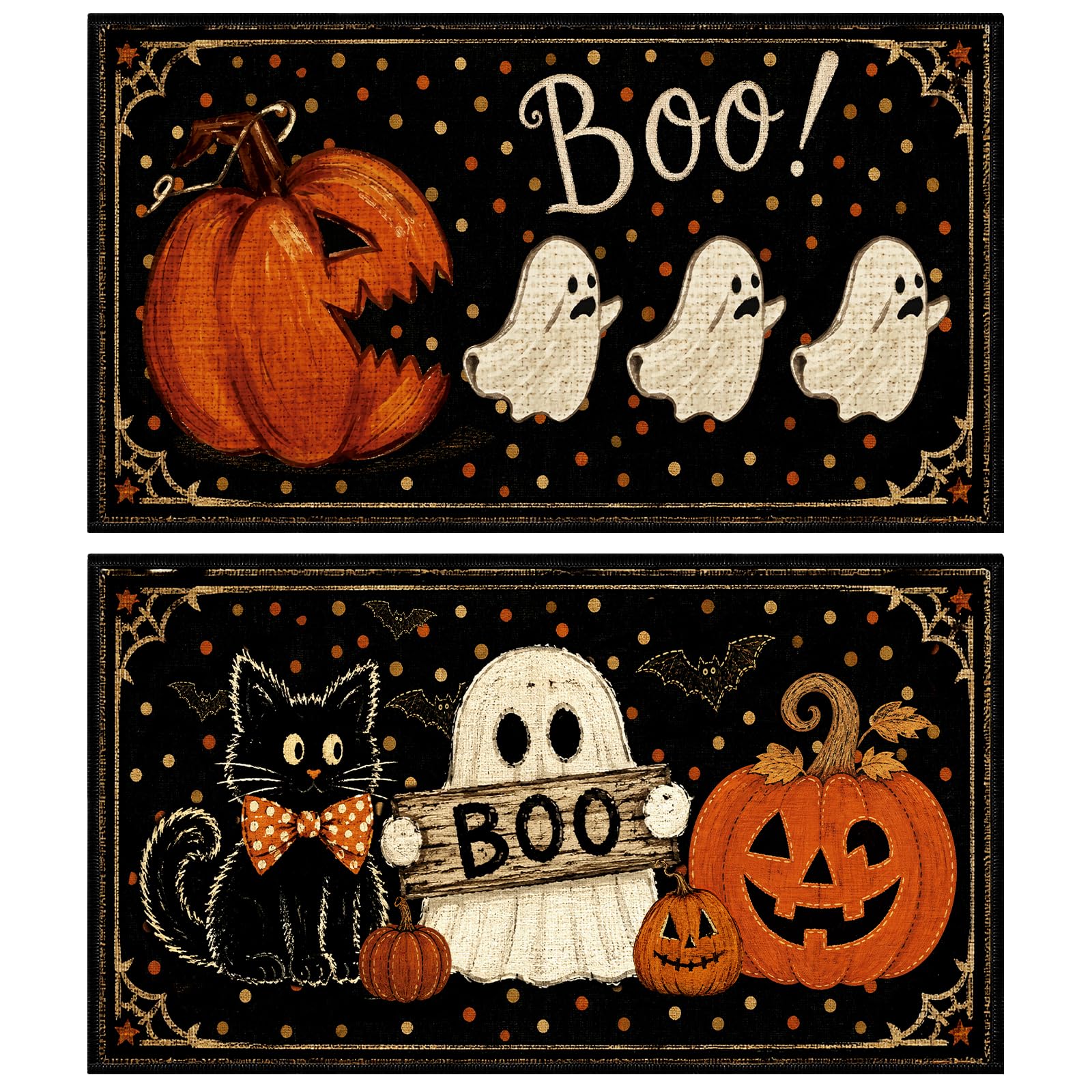 InIsaJace front view of both ghost and pumpkin mats shows festive welcome